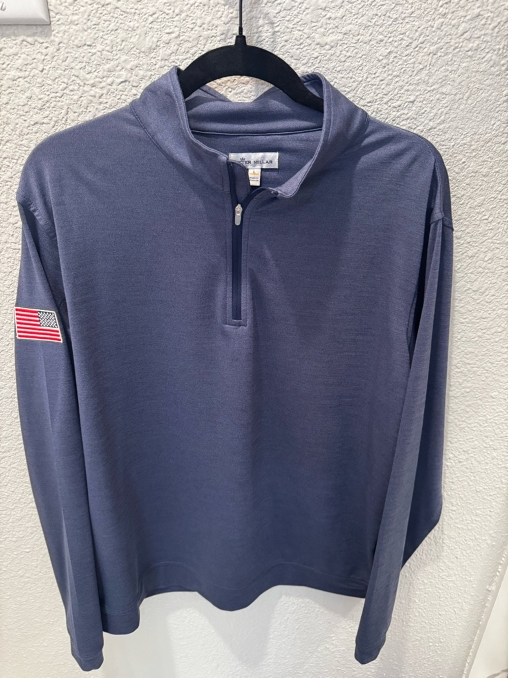 Peter Millar Men's Navy Blue Quarter-Zip Pullover with Flag Sleeve